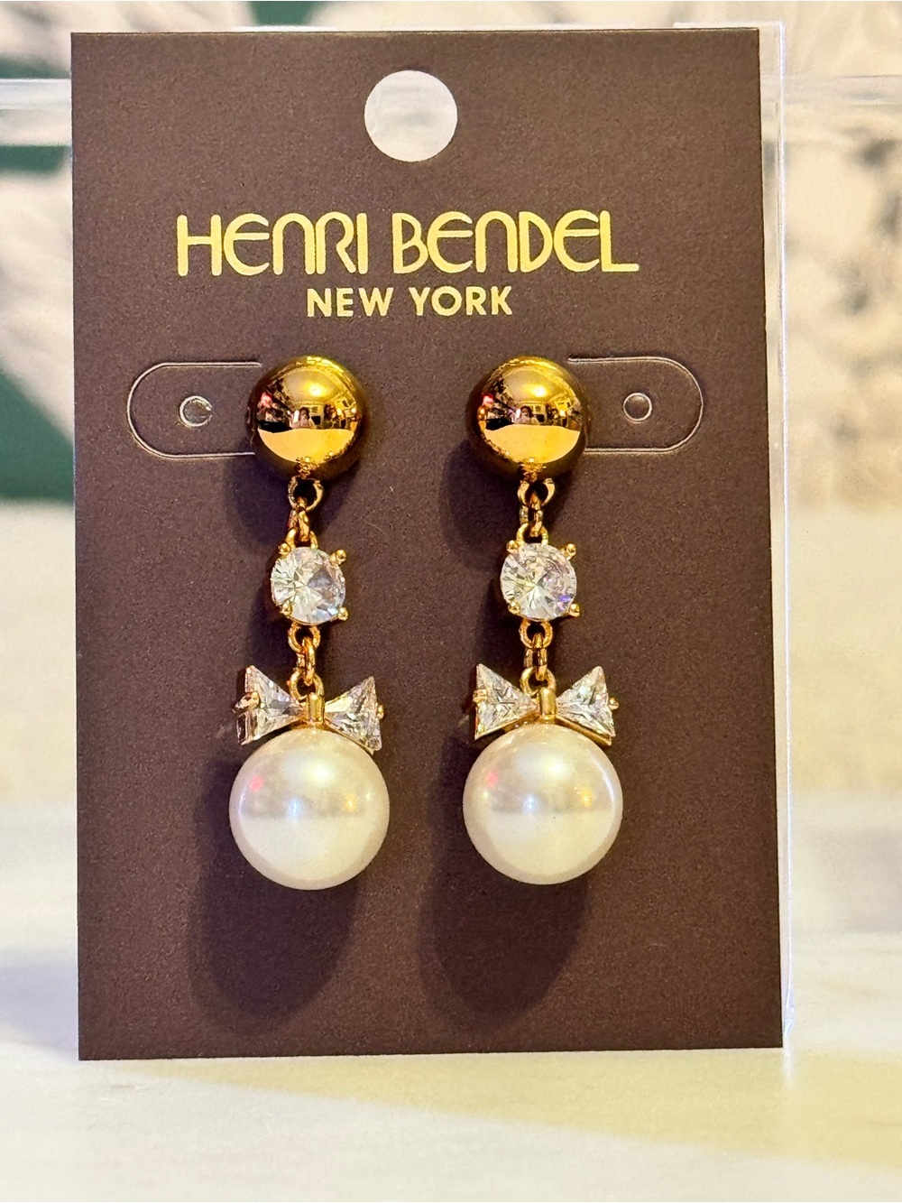 Henri Bendel Gold Pearl Drop Earrings with Crystal Accents NEW